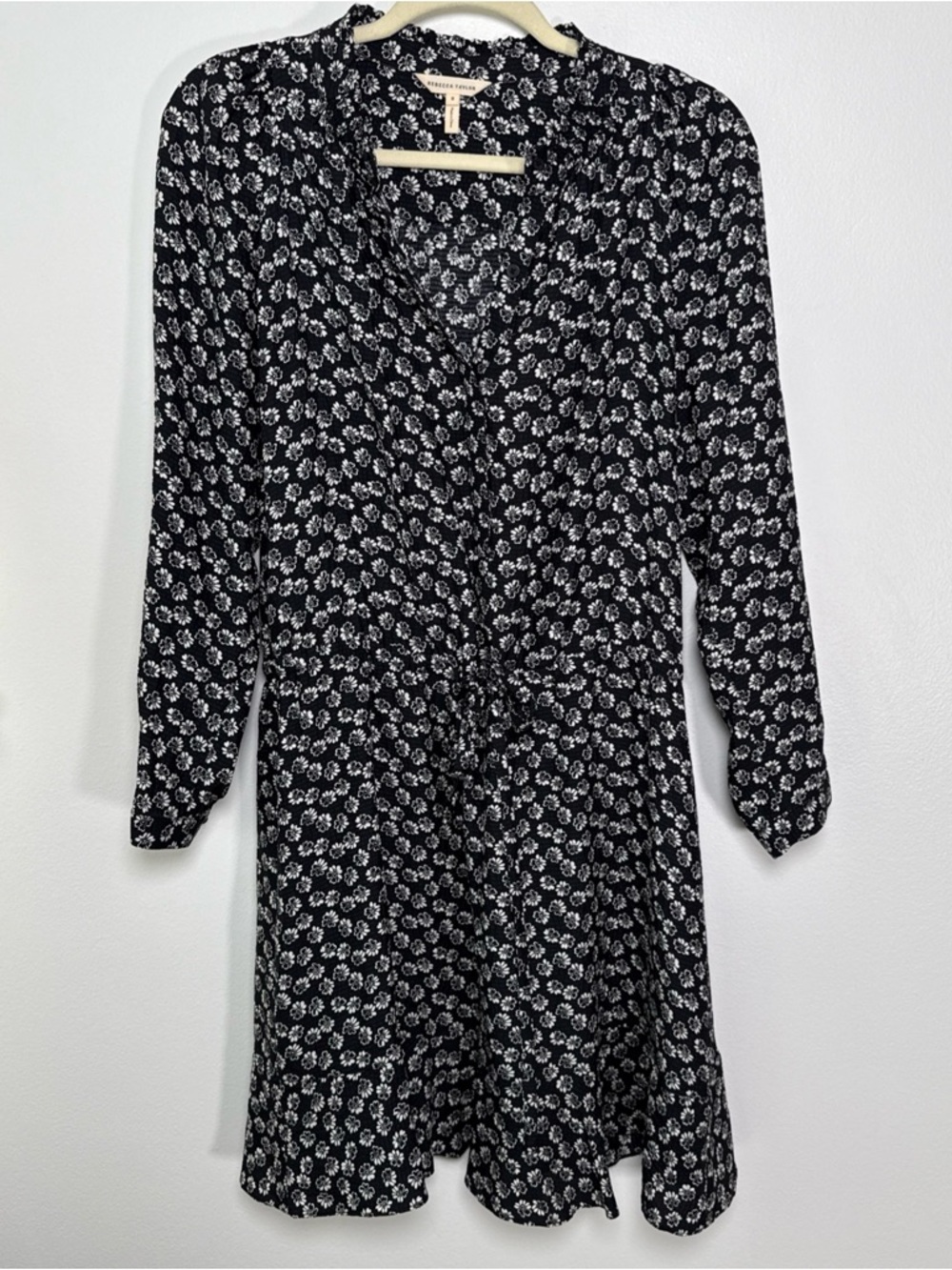 Rebecca Taylor 100% Silk Floral Black White Dress Size 8 Tie Waist Flounce Hem